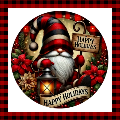 Gnome Christmas Wreath Sign Happy Holidays Flat Metal Wall Plaque for Home Garden Seasonal Holiday Décor