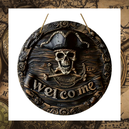 Welcome Pirate Skull And Cross Bones 8x8" Wooden Wall Plaque