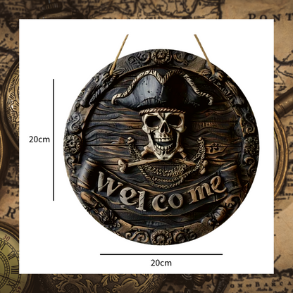 Welcome Pirate Skull And Cross Bones 8x8" Wooden Wall Plaque