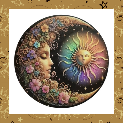 Celestial Pretty Floral Golden Sun Moon And Stars 8X8" Round Wooden Plaque Wall Art Décor