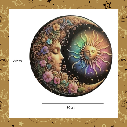 Celestial Pretty Floral Golden Sun Moon And Stars 8X8" Round Wooden Plaque Wall Art Décor