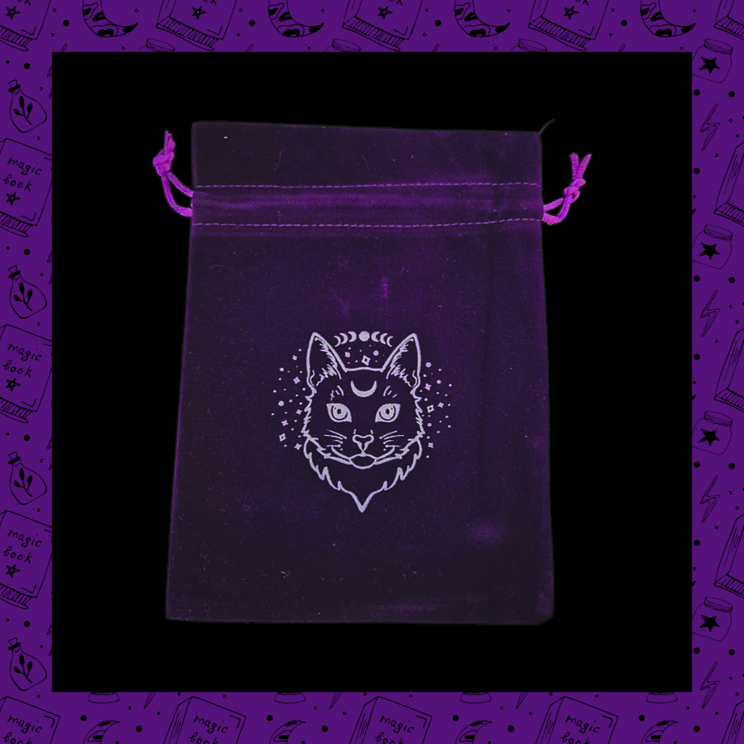 Deep Purple 13x18cm Velvet Drawstring Bag With Mystic Cat Design For Gifting Jewellery Tarot Cards Crystals Game Cards And Dice Storage