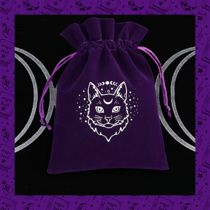 Deep Purple 13x18cm Velvet Drawstring Bag With Mystic Cat Design For Gifting Jewellery Tarot Cards Crystals Game Cards And Dice Storage