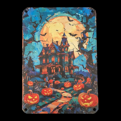 Spooky Haunted House Metal Wall Art Decor - Sign with Bats, Full Moon & Jack-O-Lanterns