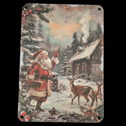 Father Christmas Santa Claus And Reindeer Winter Cabin Festive Scene Metal Aluminium Wall Plaque Sign