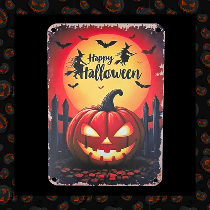 Halloween Metal Wall Sign - Jack-O-Lantern Pumpkin with Witches And Bats Happy Halloween Aluminium sign plaque