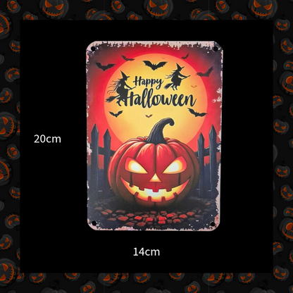 Halloween Metal Wall Sign - Jack-O-Lantern Pumpkin with Witches And Bats Happy Halloween Aluminium sign plaque