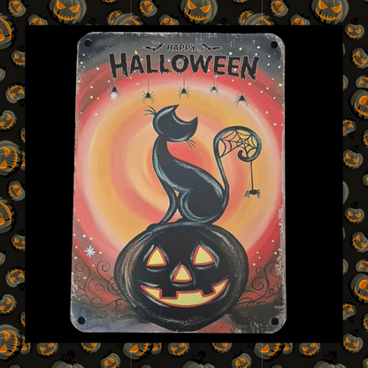 Happy Halloween Metal Aluminium Plaque Wall Sign - Cat Sat On Jack O Lantern Pumpkin With Spiders And Bats