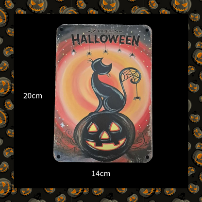 Happy Halloween Metal Aluminium Plaque Wall Sign - Cat Sat On Jack O Lantern Pumpkin With Spiders And Bats