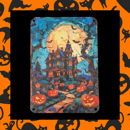 Spooky Haunted House Metal Wall Art Decor - Sign with Bats, Full Moon & Jack-O-Lanterns
