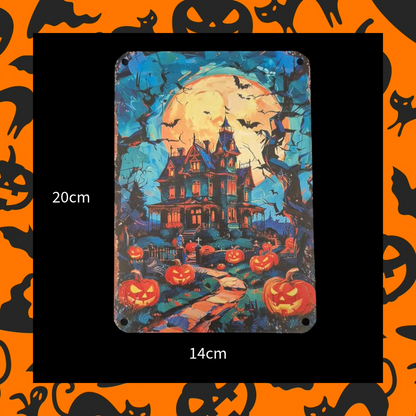 Spooky Haunted House Metal Wall Art Decor - Sign with Bats, Full Moon & Jack-O-Lanterns