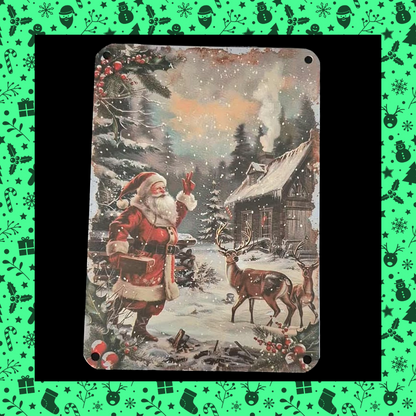 Father Christmas Santa Claus And Reindeer Winter Cabin Festive Scene Metal Aluminium Wall Plaque Sign