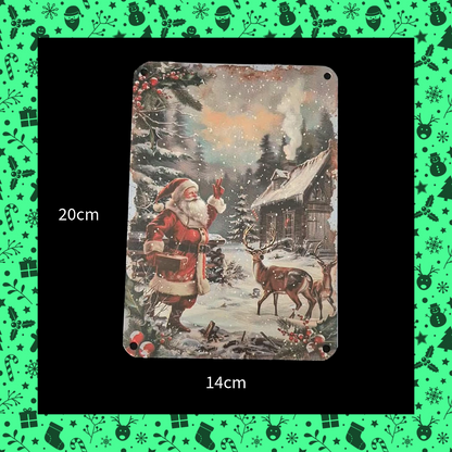 Father Christmas Santa Claus And Reindeer Winter Cabin Festive Scene Metal Aluminium Wall Plaque Sign