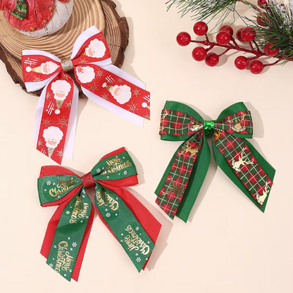 Merry Christmas Bow Hair Clips Set Double Layer Ribbon Bowknot Reindeer Santa Father Christmas
