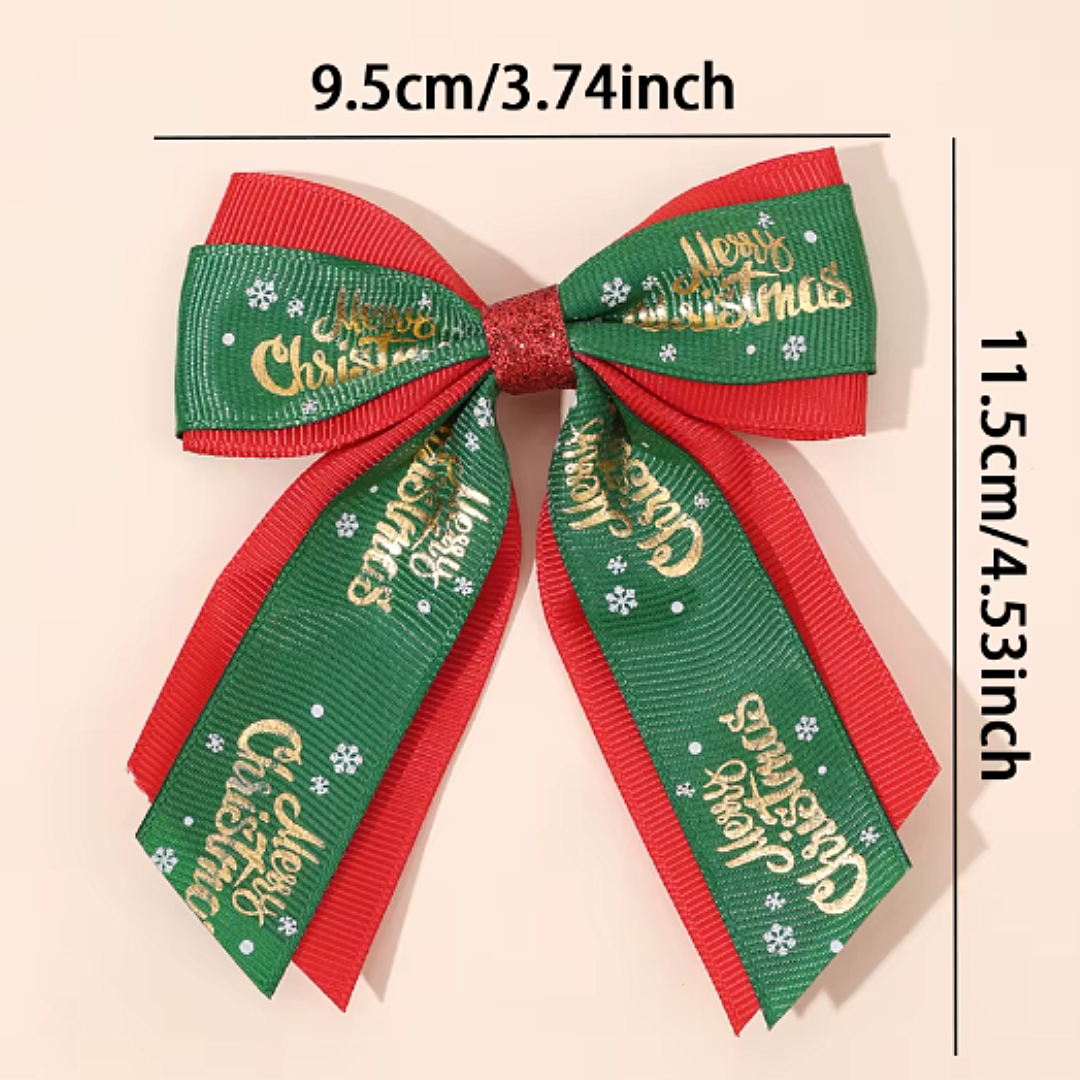 Merry Christmas Bow Hair Clips Set Double Layer Ribbon Bowknot Reindeer Santa Father Christmas