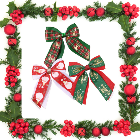 Merry Christmas Bow Hair Clips Set Double Layer Ribbon Bowknot Reindeer Santa Father Christmas