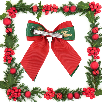 Merry Christmas Bow Hair Clips Set Double Layer Ribbon Bowknot Reindeer Santa Father Christmas