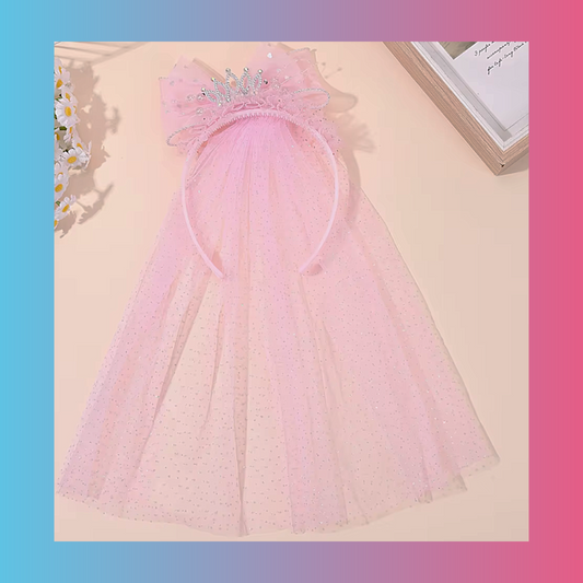 Cute Pink Princess Veil Headband With Large Mesh Ribbon Bow And Crown For Birthday Party Costume Hair Accessories