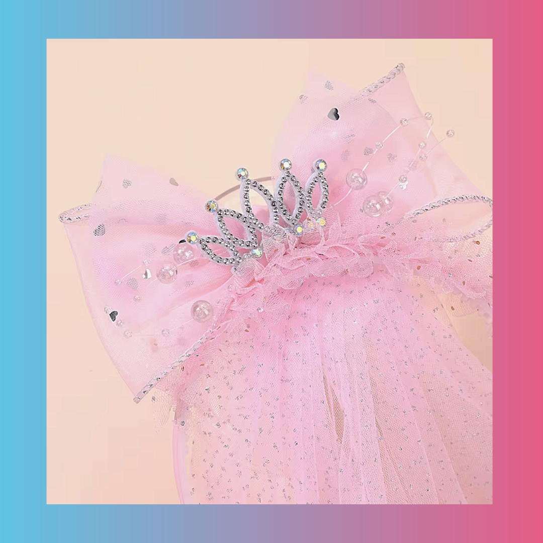 Cute Pink Princess Veil Headband With Large Mesh Ribbon Bow And Crown For Birthday Party Costume Hair Accessories