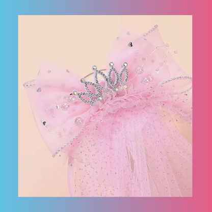 Cute Pink Princess Veil Headband With Large Mesh Ribbon Bow And Crown For Birthday Party Costume Hair Accessories