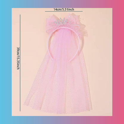 Cute Pink Princess Veil Headband With Large Mesh Ribbon Bow And Crown For Birthday Party Costume Hair Accessories
