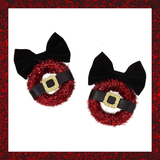 Red And Black Christmas Tinsel Santa's Belt Buckle And Bow Wreath Hair Clips