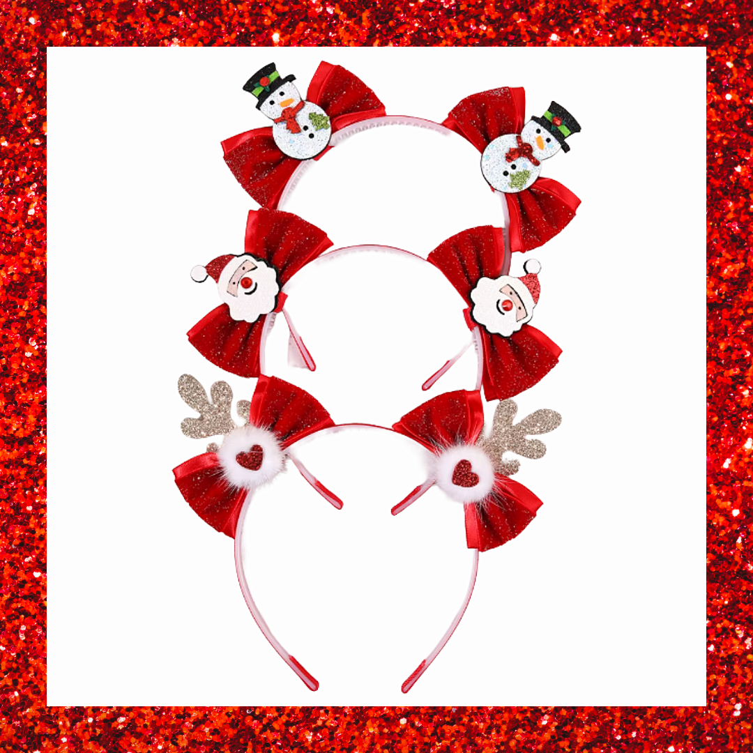 Christmas Themed Headbands Santa Snowman Fluffy Hearts Glittery Gold Cute Reindeer Antlers With Red Sparkly Bow Non-slip Hair Bands