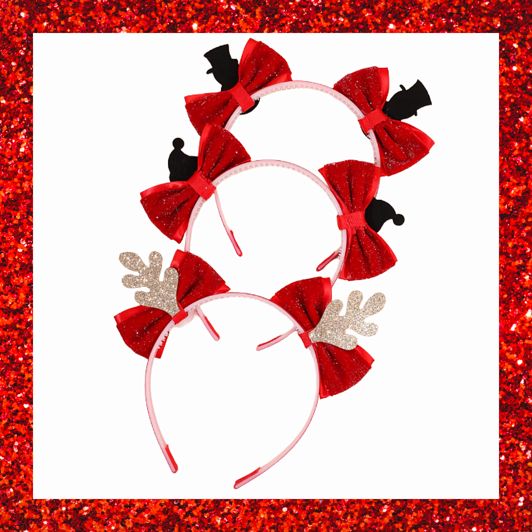 Christmas Themed Headbands Santa Snowman Fluffy Hearts Glittery Gold Cute Reindeer Antlers With Red Sparkly Bow Non-slip Hair Bands