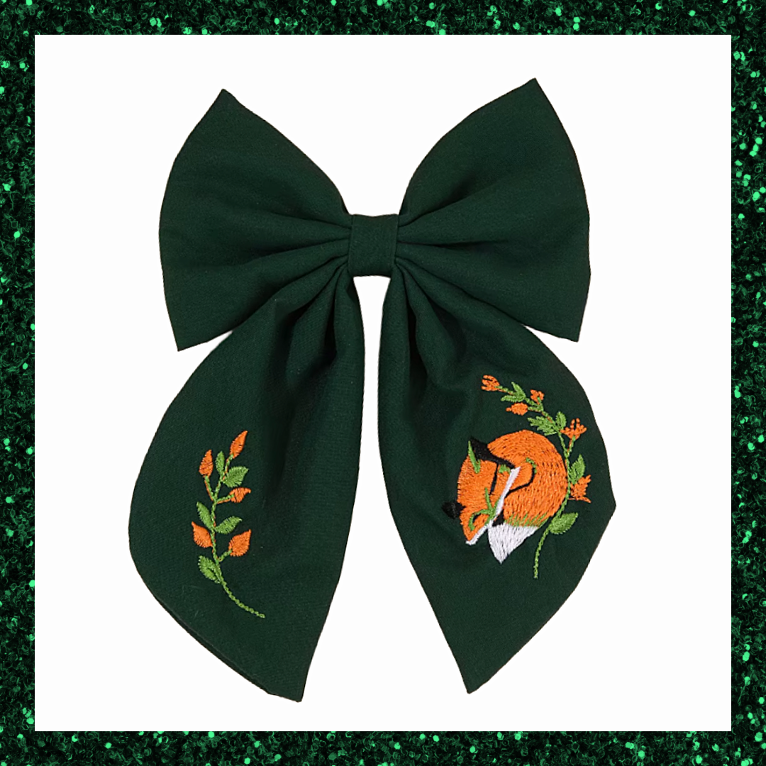 Large Green Ribbon Hair Bow Clips With Fox Embroidered Detail