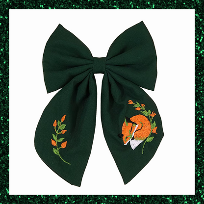 Large Green Ribbon Hair Bow Clips With Fox Embroidered Detail