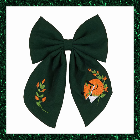 Large Green Ribbon Hair Bow Clips With Fox Embroidered Detail