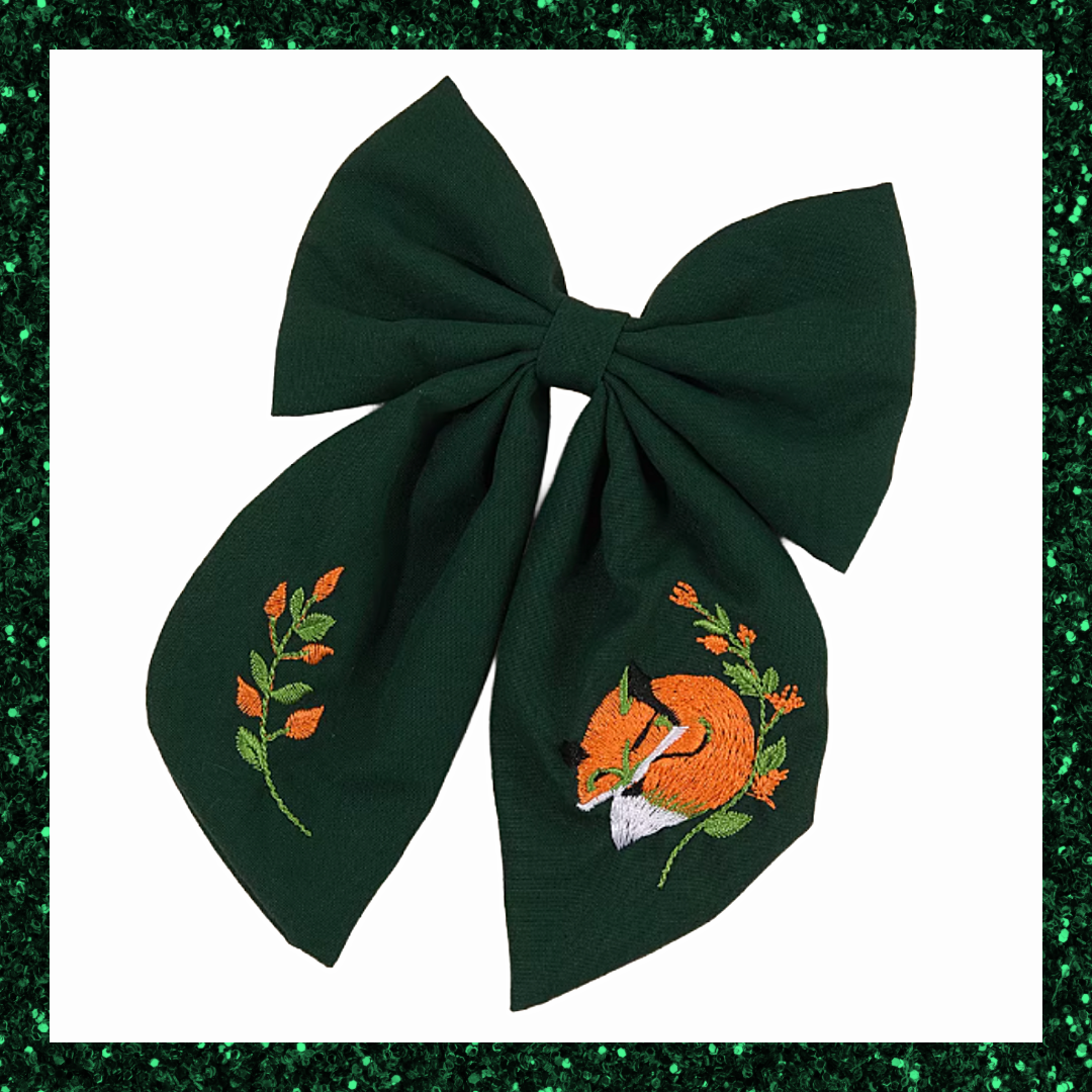 Large Green Ribbon Hair Bow Clips With Fox Embroidered Detail