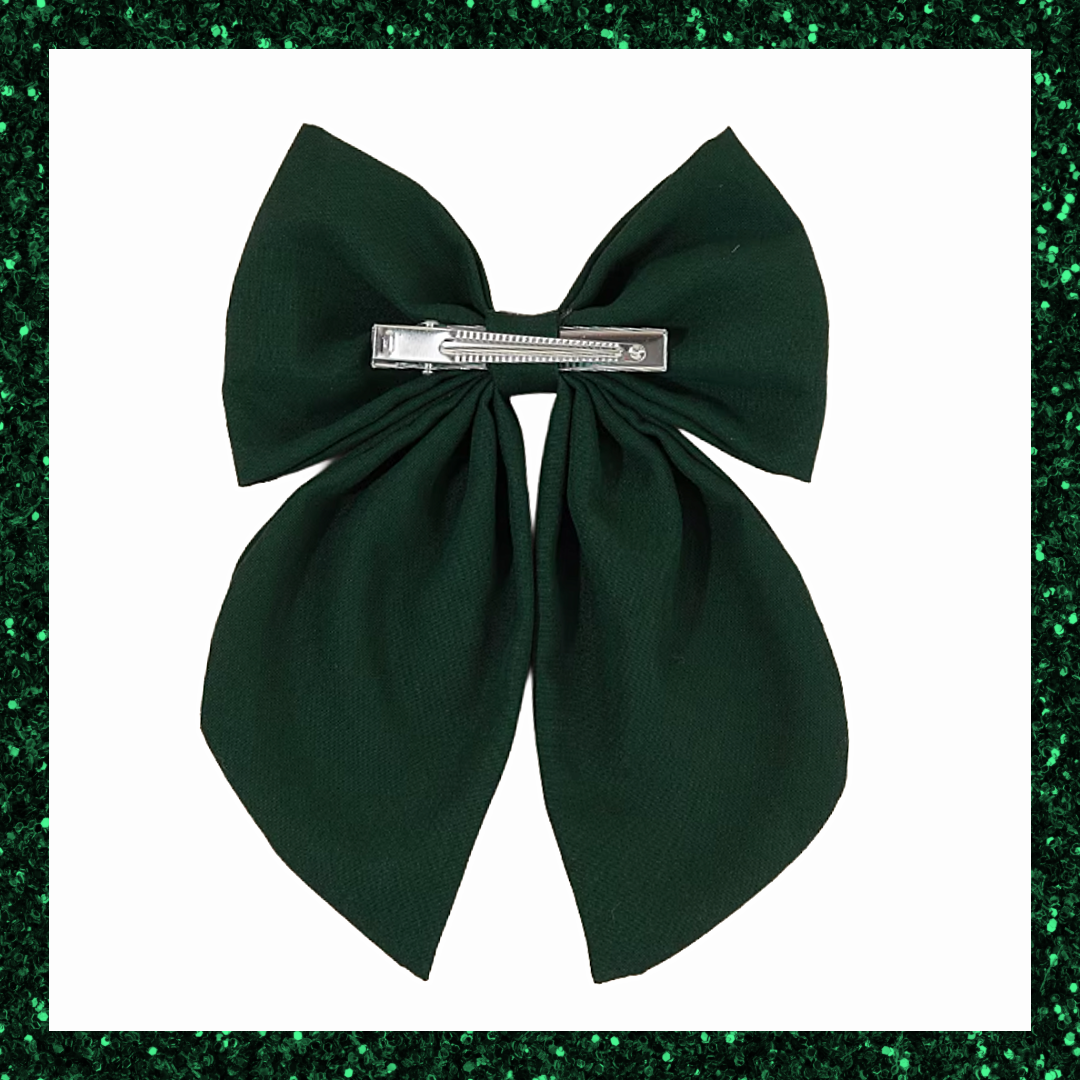 Large Green Ribbon Hair Bow Clips With Fox Embroidered Detail