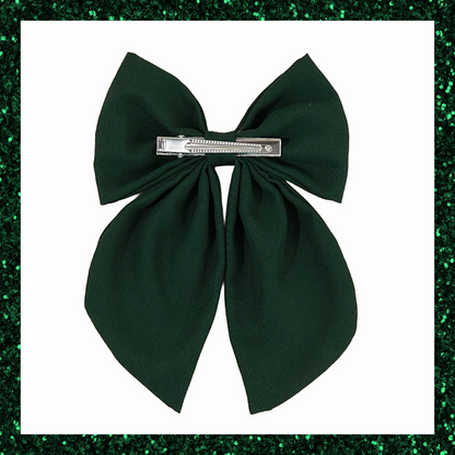 Large Green Ribbon Hair Bow Clips With Fox Embroidered Detail