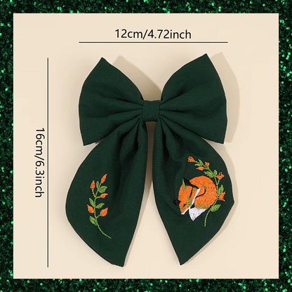 Large Green Ribbon Hair Bow Clips With Fox Embroidered Detail