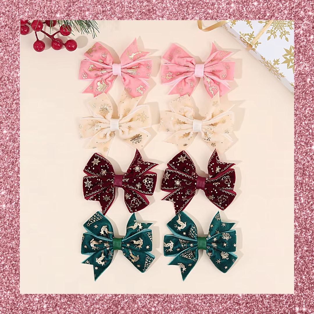 Velvet Christmas Festive Print Ribbon Hair Bow Clips