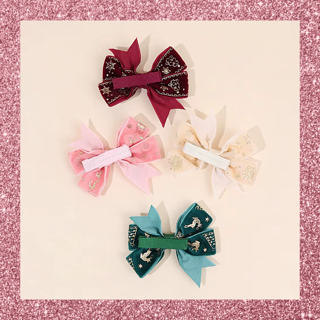 Velvet Christmas Festive Print Ribbon Hair Bow Clips