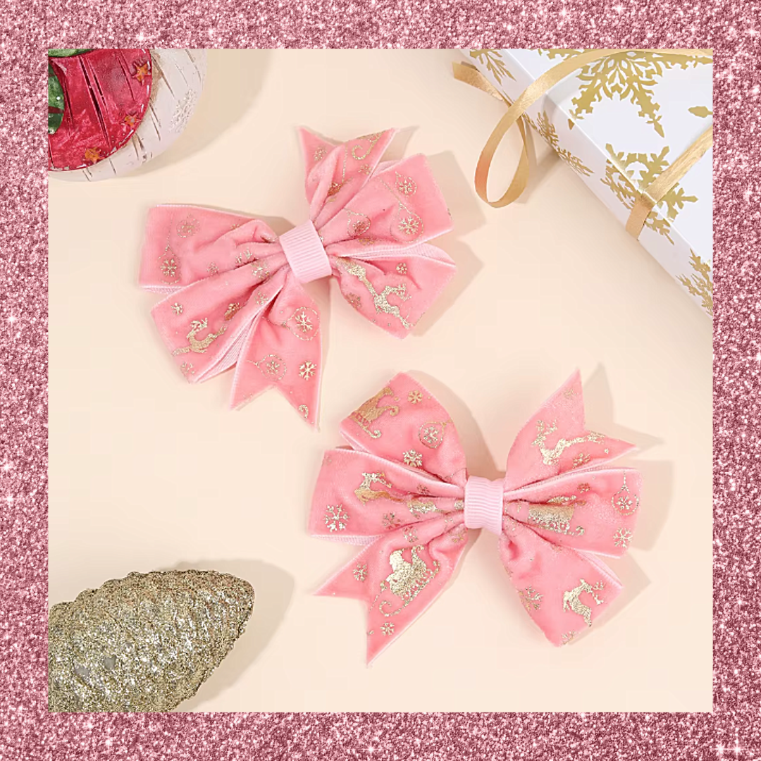 Velvet Christmas Festive Print Ribbon Hair Bow Clips