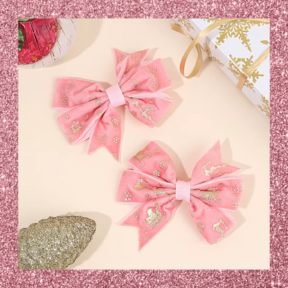 Velvet Christmas Festive Print Ribbon Hair Bow Clips