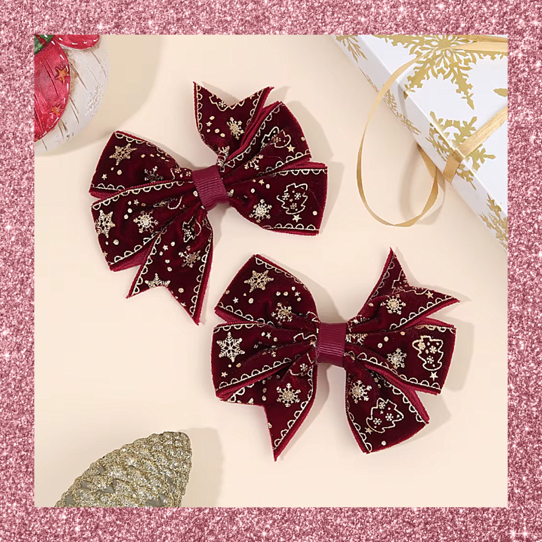 Velvet Christmas Festive Print Ribbon Hair Bow Clips