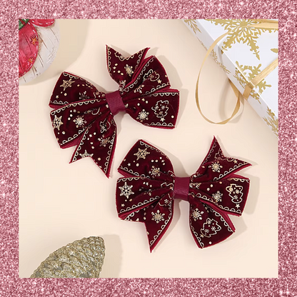Velvet Christmas Festive Print Ribbon Hair Bow Clips