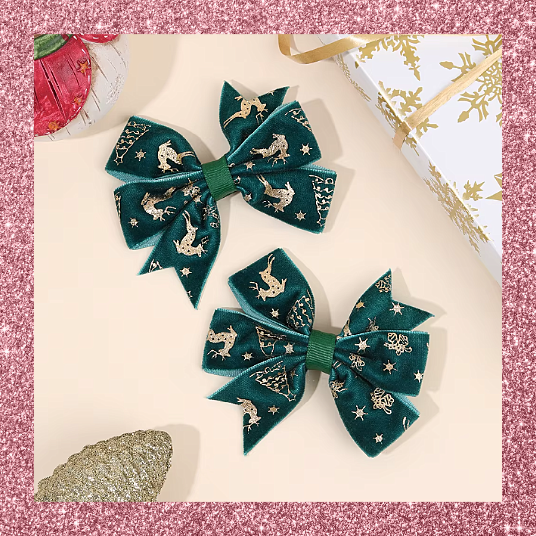 Velvet Christmas Festive Print Ribbon Hair Bow Clips