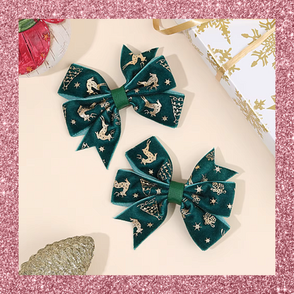 Velvet Christmas Festive Print Ribbon Hair Bow Clips