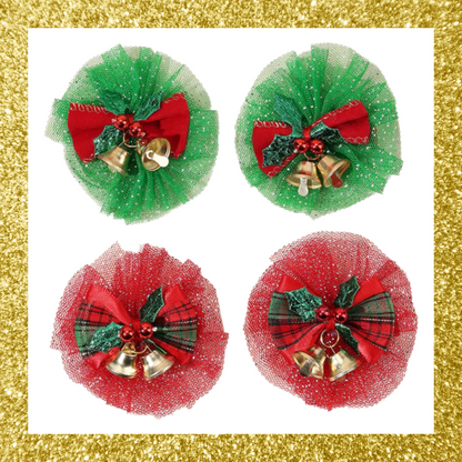 Red and Green Christmas Glitter Mesh Tulle Plaid Bell Bow Hair Clips