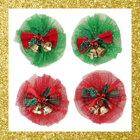 Red and Green Christmas Glitter Mesh Tulle Plaid Bell Bow Hair Clips