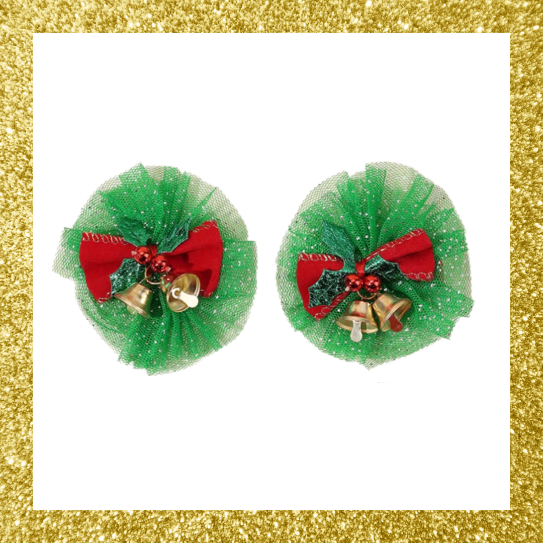 Red and Green Christmas Glitter Mesh Tulle Plaid Bell Bow Hair Clips