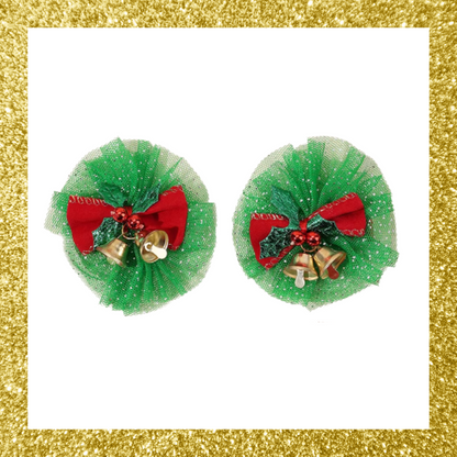 Red and Green Christmas Glitter Mesh Tulle Plaid Bell Bow Hair Clips