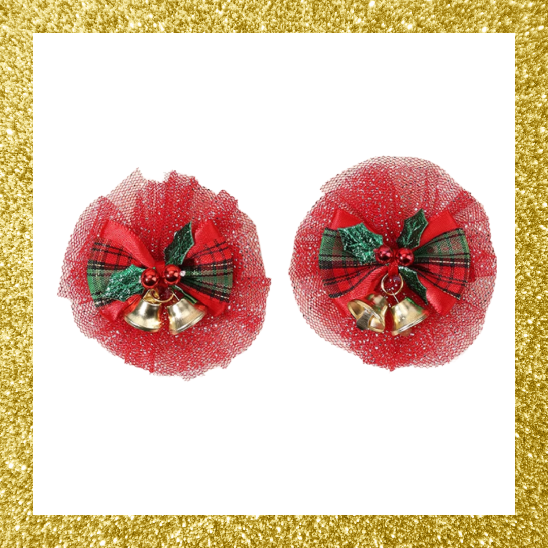 Red and Green Christmas Glitter Mesh Tulle Plaid Bell Bow Hair Clips