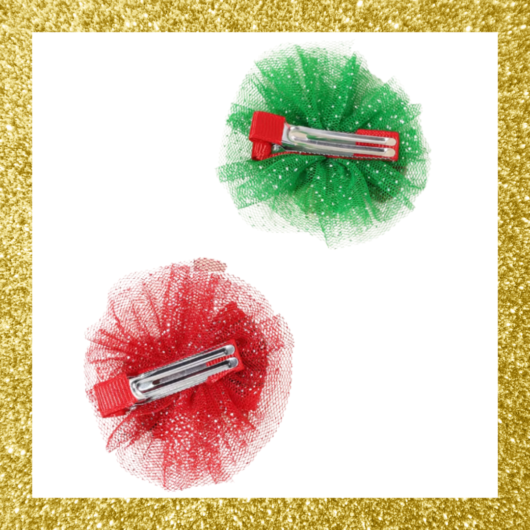 Red and Green Christmas Glitter Mesh Tulle Plaid Bell Bow Hair Clips