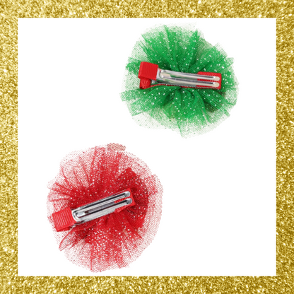 Red and Green Christmas Glitter Mesh Tulle Plaid Bell Bow Hair Clips